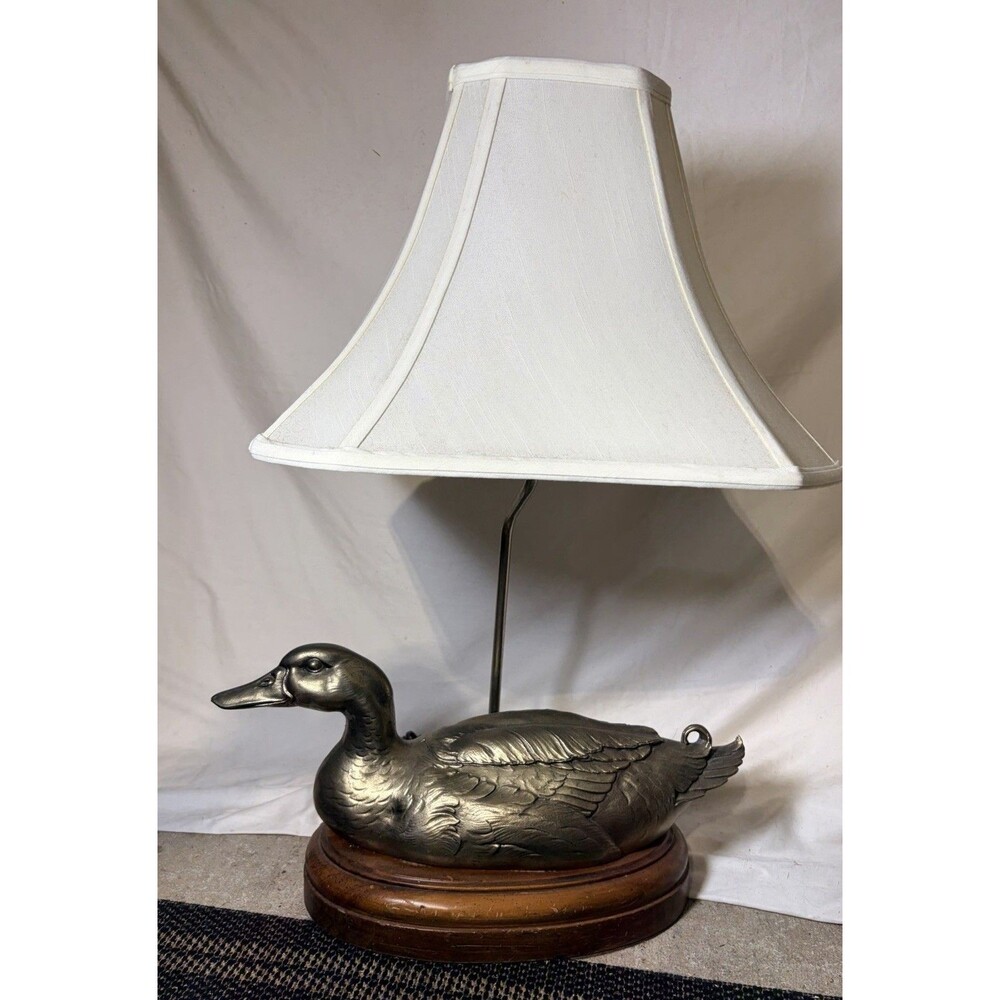MCM Brass Duck Table Lamp on Solid Wooden Base Tall 1960's Retro Big